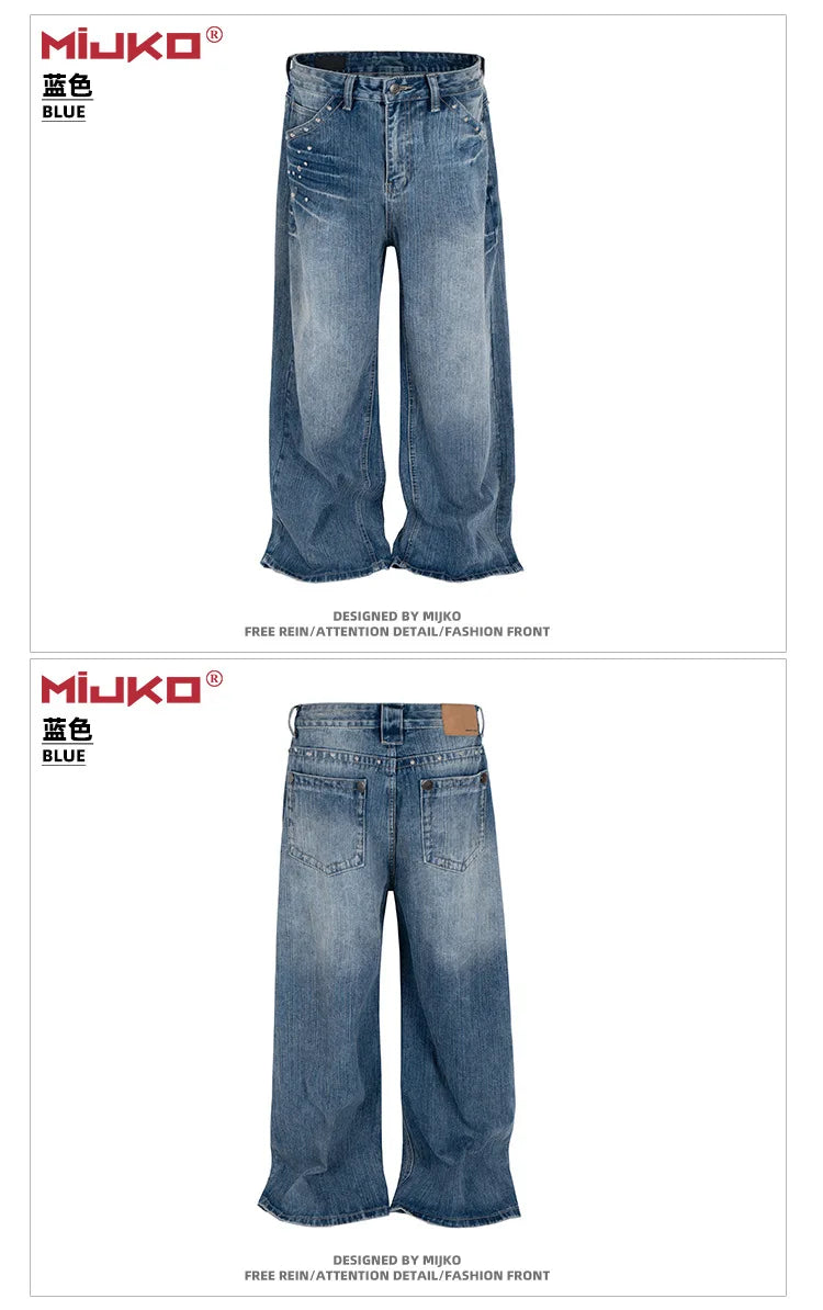 MIJKO Men Women Jeans Washed Fashion Rivet Casual Denim Pants