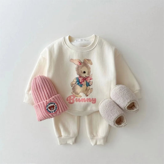 Korean version of autumn and winter boys and girls cotton cute cartoon rabbit deer plush sweatshirt casual sports set