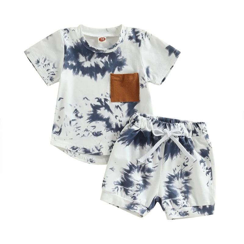 Summer Fashion Baby Boys Suit Tie-dye Print Short Sleeve Crew Neck T-shirt + Elastic Waist Shorts 2Pcs Infant Toddler Sets