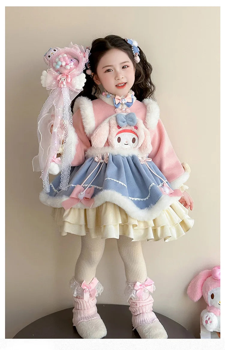 Anime My Melody Lolita Princess Dress Girl Bow Decoration Party Dress Ruffled Tutu Skirt Fleece-Lined Layered Dress Ball Gown