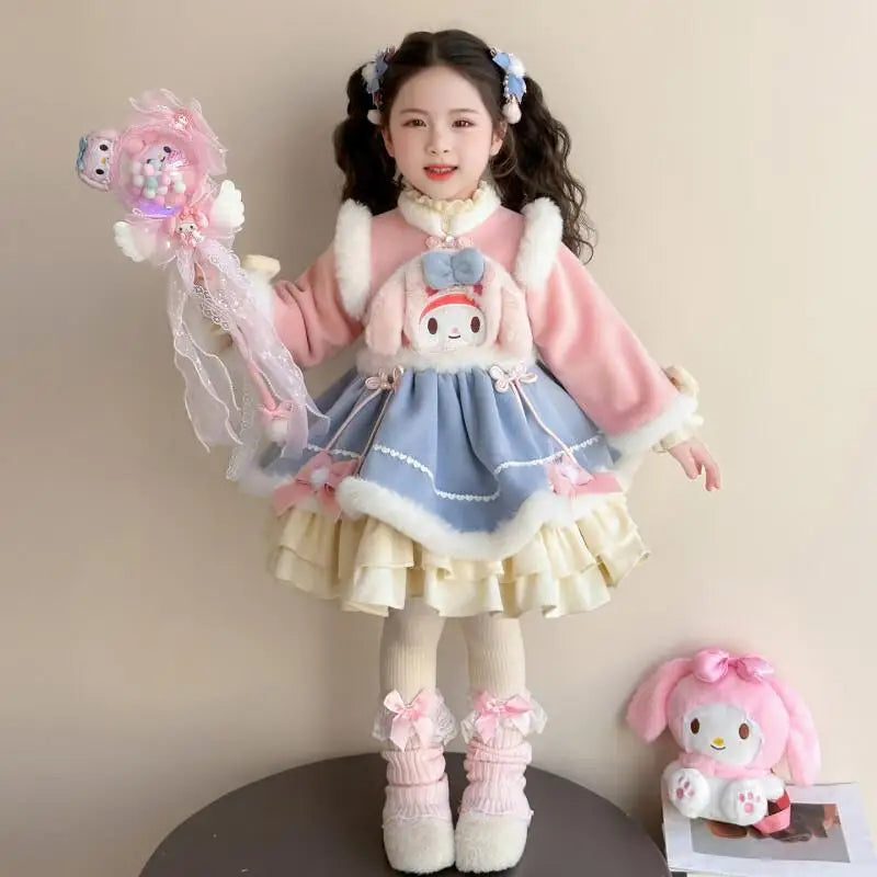 Anime My Melody Lolita Princess Dress Girl Bow Decoration Party Dress Ruffled Tutu Skirt Fleece-Lined Layered Dress Ball Gown