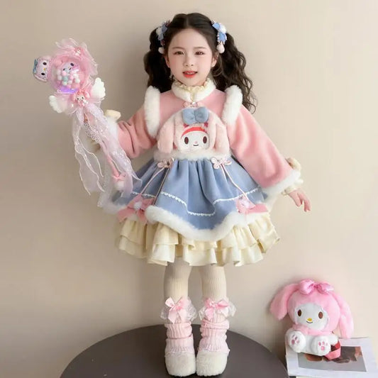 Anime My Melody Lolita Princess Dress Girl Bow Decoration Party Dress Ruffled Tutu Skirt Fleece-Lined Layered Dress Ball Gown
