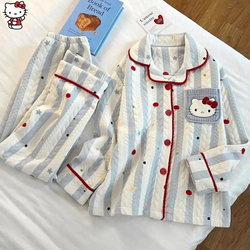 Hot Sanrio Girl Loungewear Set Hello Kitty Anime Kawaii Casual Loose Comfort Air-Layer Fabric 2-Piece Set Children Clothing New