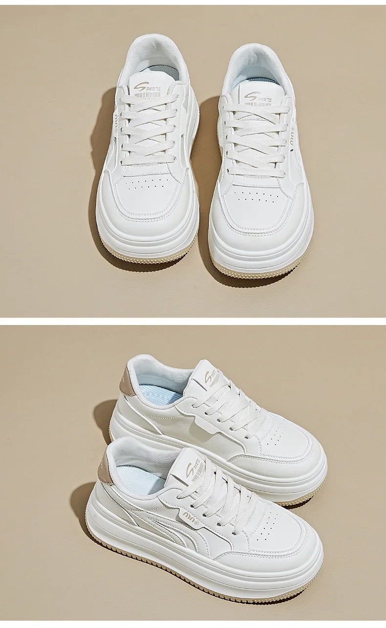Women's White Shoes2025Autumn New Thick-Soled Platform Shoes Leather Surface All-Season Casual Sports Shoes for Women