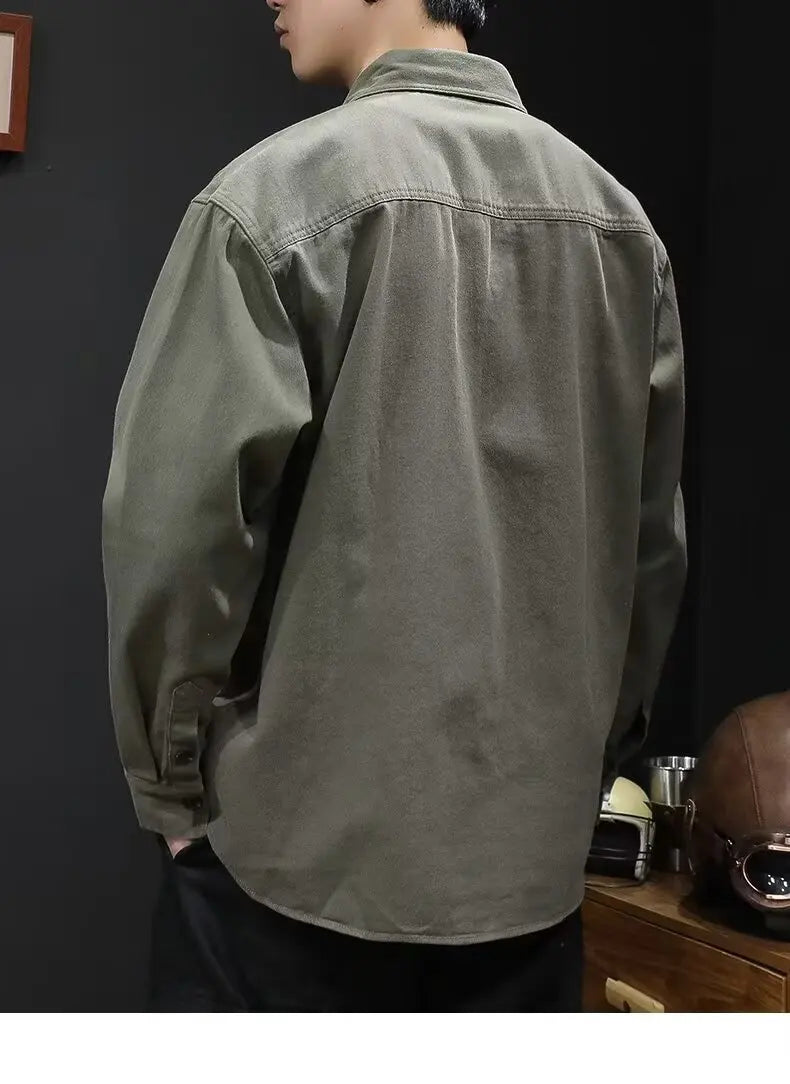 Retro Casual Loose Fit Men's Shirt Long Sleeve Turn-down Collar Fashionable Workwear Jacket Outerwear for Youth