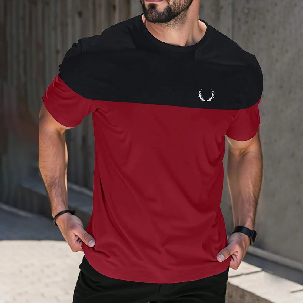 2025 Fashion Men's Color Blocking Printed T-Shirt Casual Street Male Crew Neck Short Sleeve T Shirt Large Size Menswear Clothing