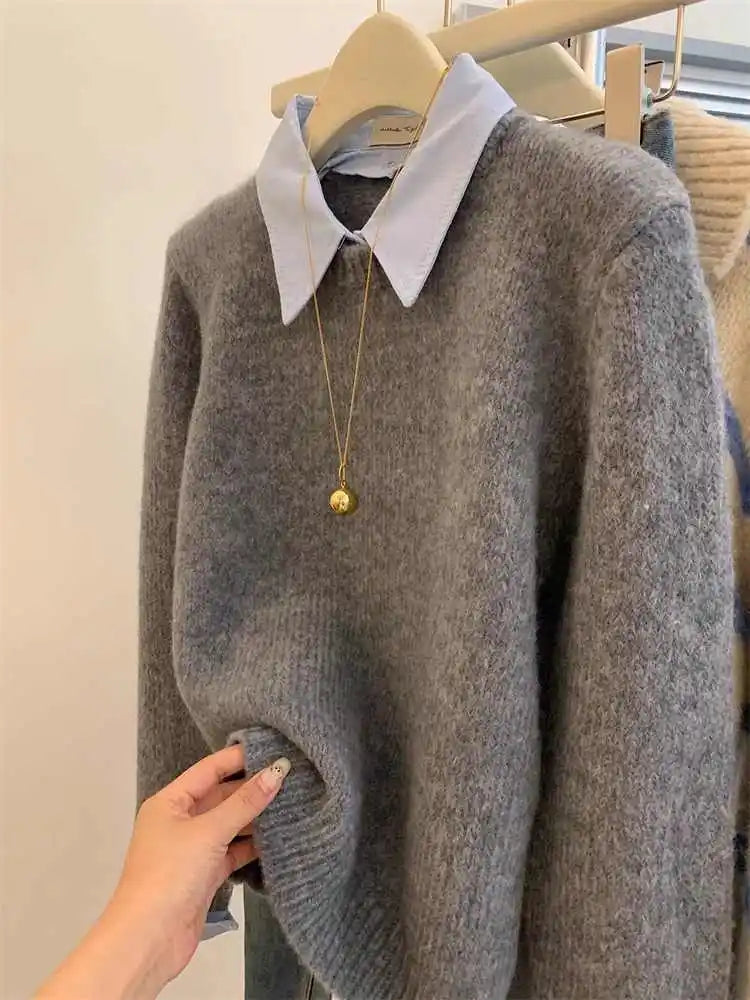 Gray Fake Two-piece Spliced Shirt Collar Sweater 2024 New Autumn/Winter Women's Lazy Style Loose Base Sweater Office Knitted Top