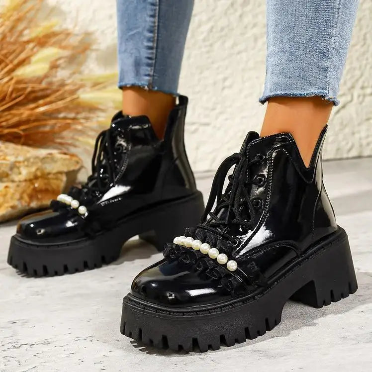 Black Platform Casual Women's Ankle Boots 2025 New Designer Autumn Winter British Style Boots Shoes for Women Botas De Mujer