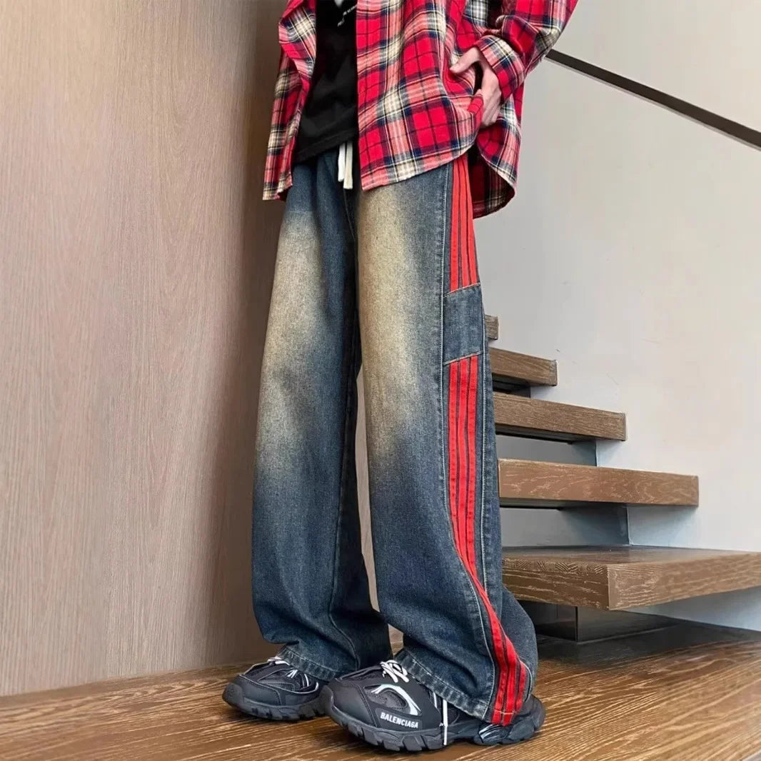 American Style Retro Men's Straight Leg Jeans Spring Autumn Trendy High Street Loose Wide Leg Long Pants Water Washed