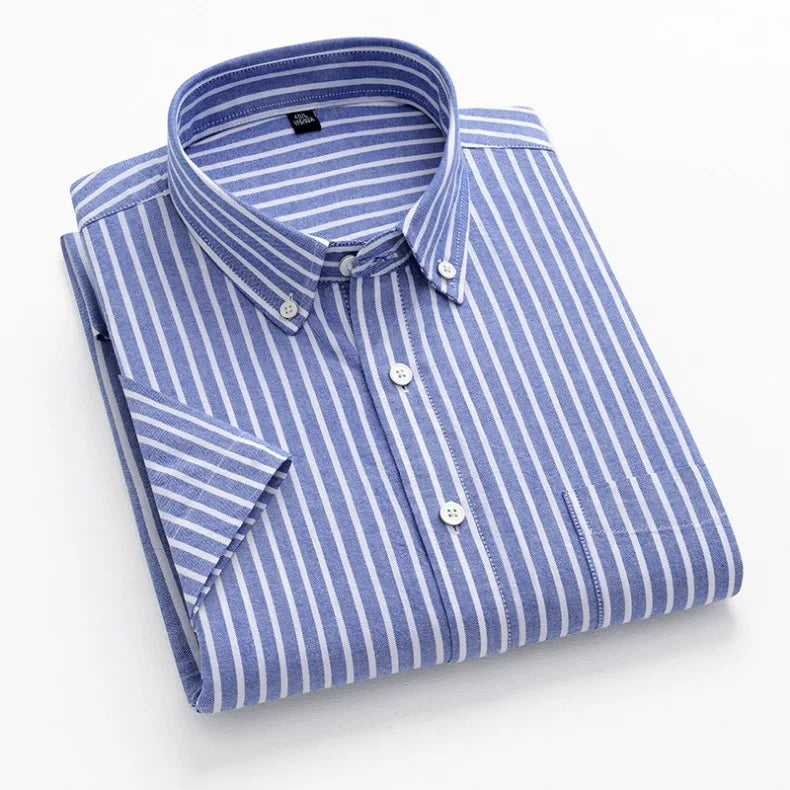 New Men's Striped Fashion Short Sleeve 100% Cotton Oxford Plaid Business Button Down Regular Fit Office Shirt Man Clothing