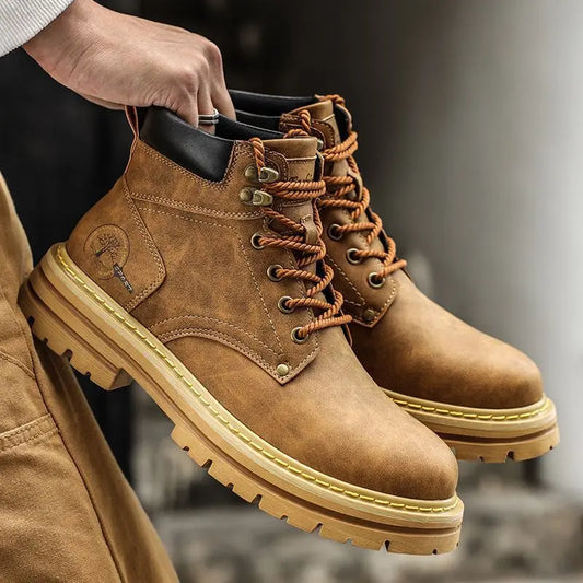 Men Ankle Boots Platform Leather Boots 2025 Fashion Brown Lace-up Boot High Top Comfortable Casual Shoes Non-slip Work Men Boots