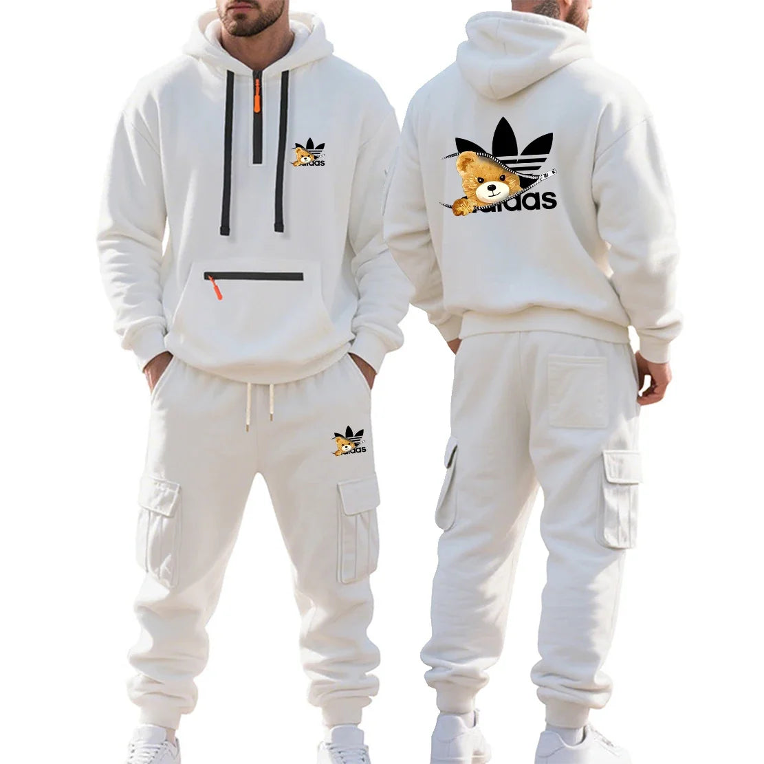 Autumn and Winter Printed New Men's Velvet Hoodie, Work Clothes, Pants Set, Sports Fashion, Leisure Multi Pocket 2-piece Set