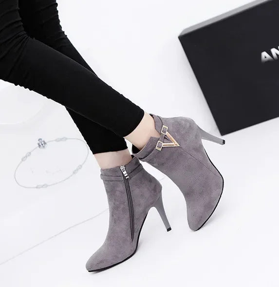 Botas Mujer Invierno  Autumn Stiletto Thin High Heels Woman Pointed Toe Pu Leather Zipper Sexy Ankle Women Boot Botines Chelsea8