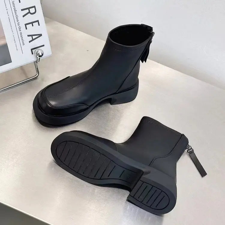 Women's British Chelsea Boots     Black Square-Toe Elastic Booties Side Zip Fringe Winter Shoes Versatile Winter Shoes