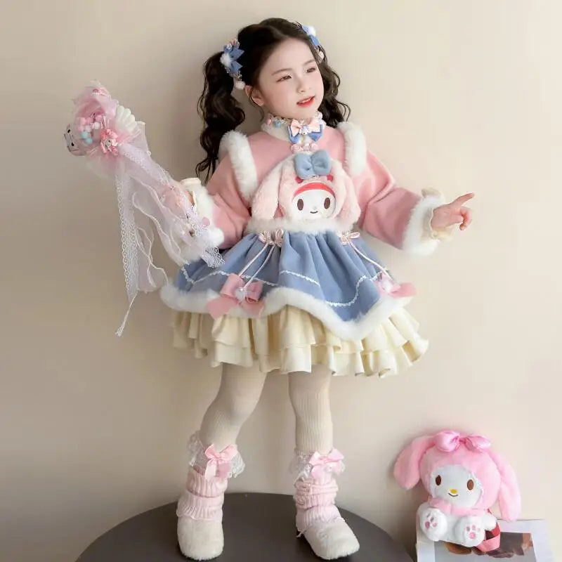 Anime My Melody Lolita Princess Dress Girl Bow Decoration Party Dress Ruffled Tutu Skirt Fleece-Lined Layered Dress Ball Gown