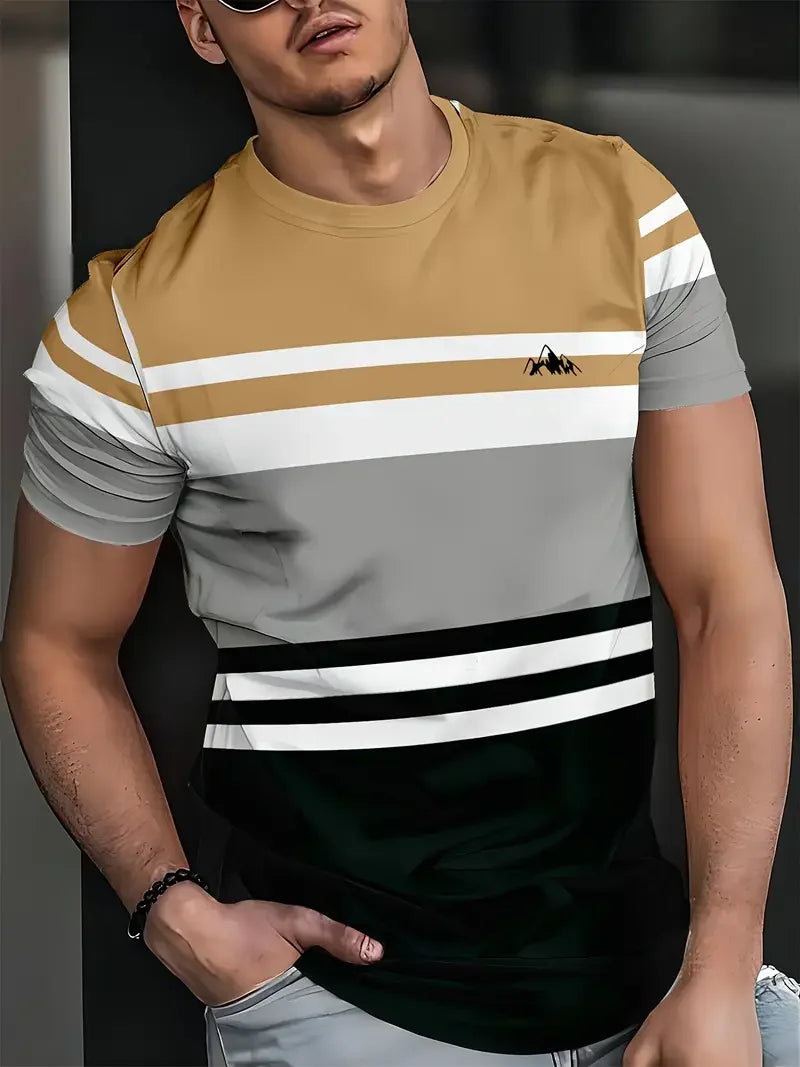 Summer Classic Men's T-shirt Outdoor Round Neck Short Sleeve Top Stripe Print Street Loose T-Shirt Male Oversized Clothing