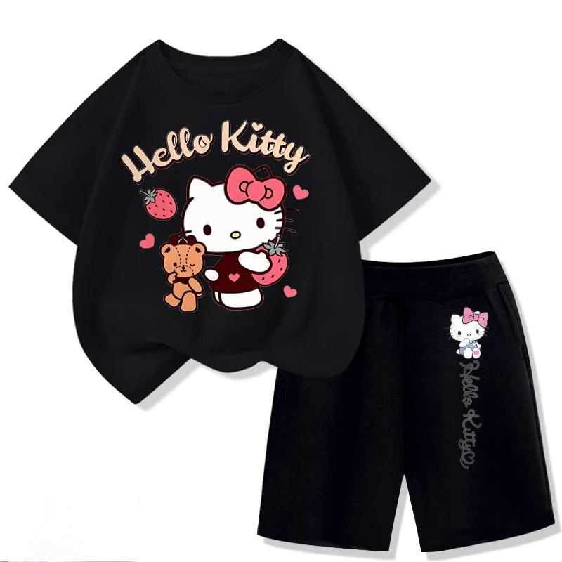 Sanrio Children's T-shirts Sets Girls Summer Short Sleeve Shorts Two Piece Suit Kids Outfits Breathable Sport Clothes Set