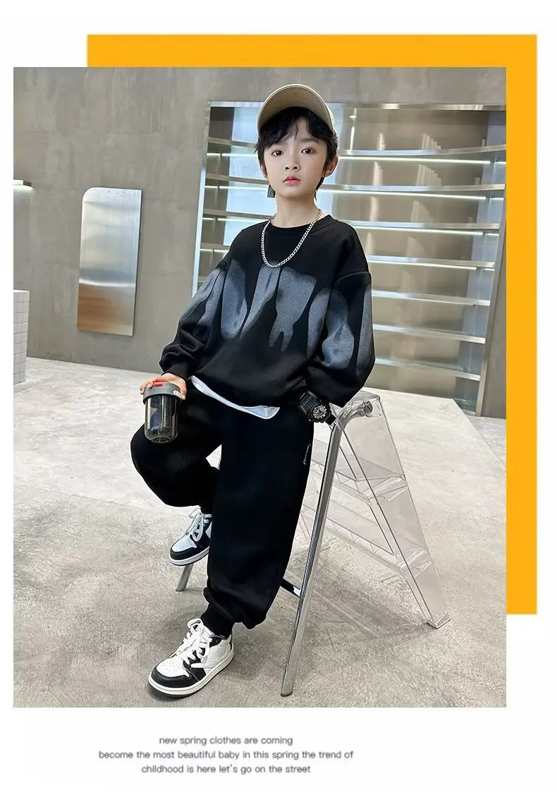 2025  winter autumn Boys Clothes Set cotton loose Sweatshirt hooded + Pants Tracksuits Kids Suit Children 4 8 9 10 11 12 14 Year