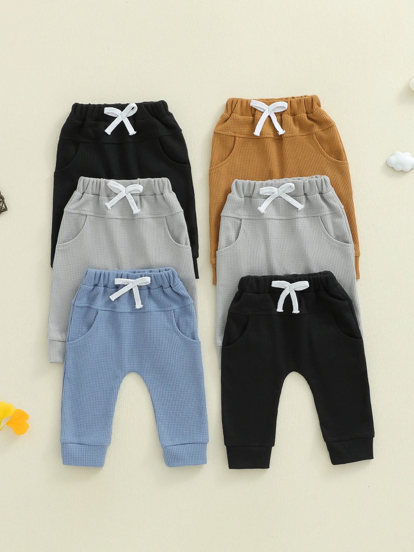 3 Pack Waffle Texture Casual Pants Soft Solid Color Elastic Waistband Toddler Boys Trousers