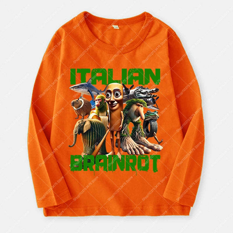 Italian Brainrot Long Sleeve T-shirt for Kids Funny Meme Children Autumn Tops Tung Tung Tung Sahur Tee Boy Girl Clothing Gifts