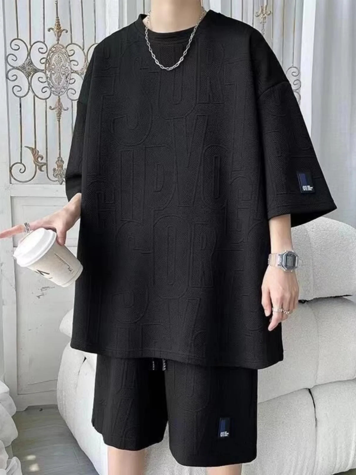 Summer Casual Sports Set Men's Thin Loose Versatile ort Sve T-irt with Five-Quarter Pants Polyester Fiber Teenage Size