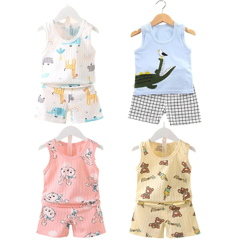 Summer Kids Baby Pajamas Vest+Shorts 2-Piece Clothing Set Boys Girls Cartoon Lion Giraffe Cotton Casual Clothes Suit 0-4 Years