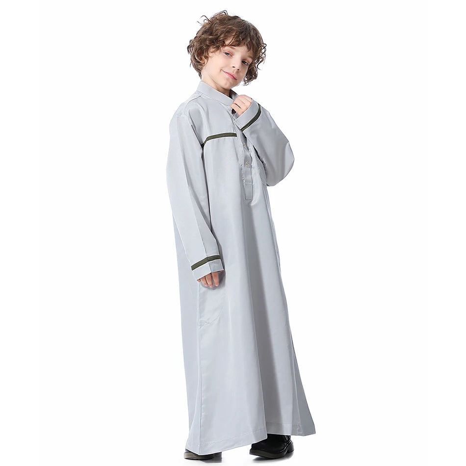 Ramadan Eid Islamic Boys Long Robe Children Traditional Arab Thobe Thawb Caftan Solid Color Long Sleeve Stand Collar with Pocket