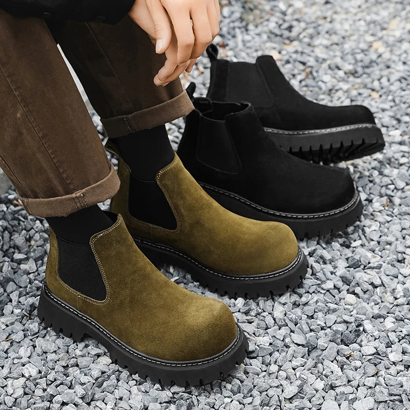 High Quality Fashion Mens Boots Black Boots Fashion Casual British Style Thick Bottomed Mid-top Chelsea Boots Large Size