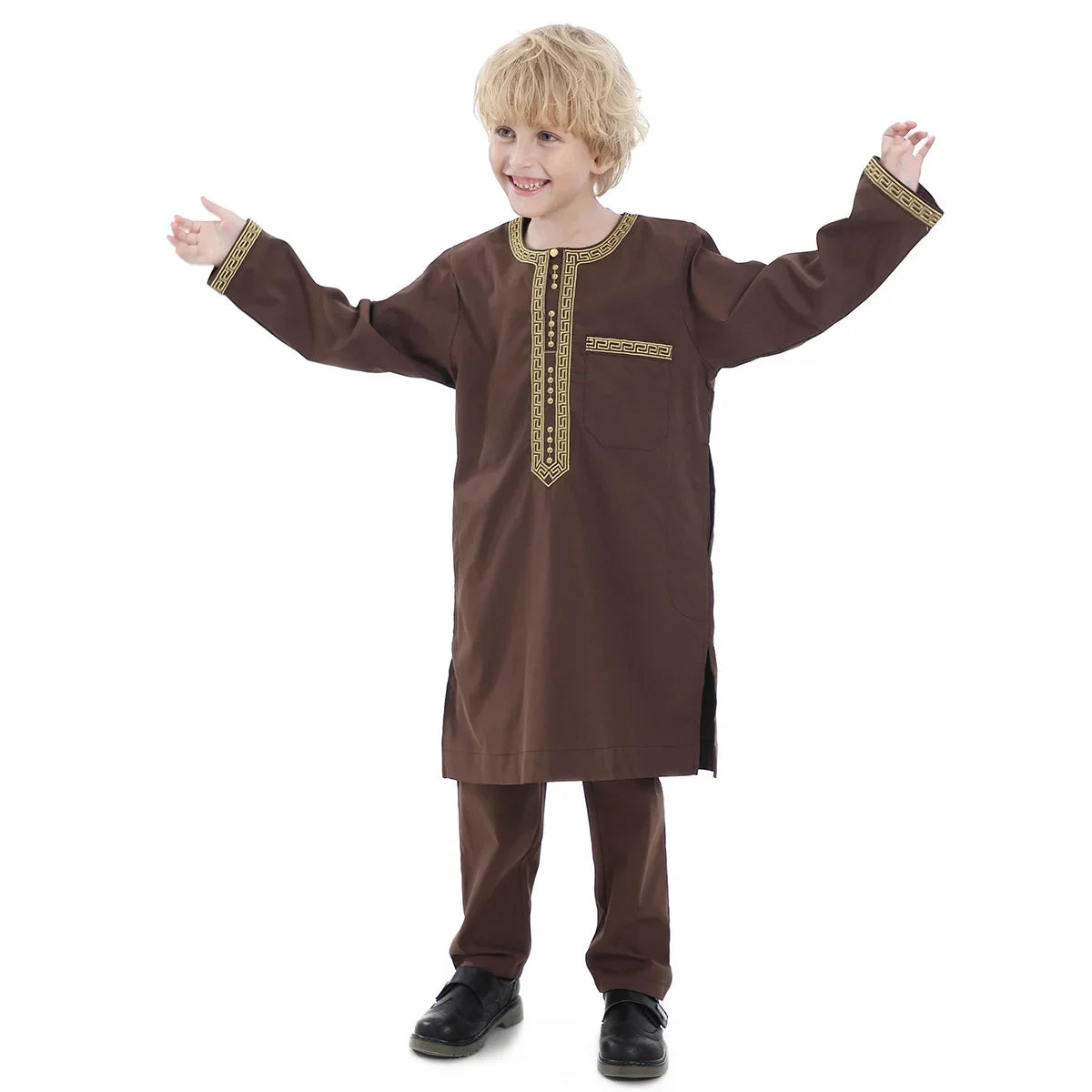 Muslim Children Robe 2 Pieces Set Kids Boy Round Neck Long Sleeve Printed Dress Shirt Abaya Kaftan Jubba Thobe Islamic Clothing