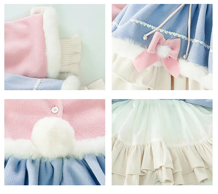 Anime My Melody Lolita Princess Dress Girl Bow Decoration Party Dress Ruffled Tutu Skirt Fleece-Lined Layered Dress Ball Gown