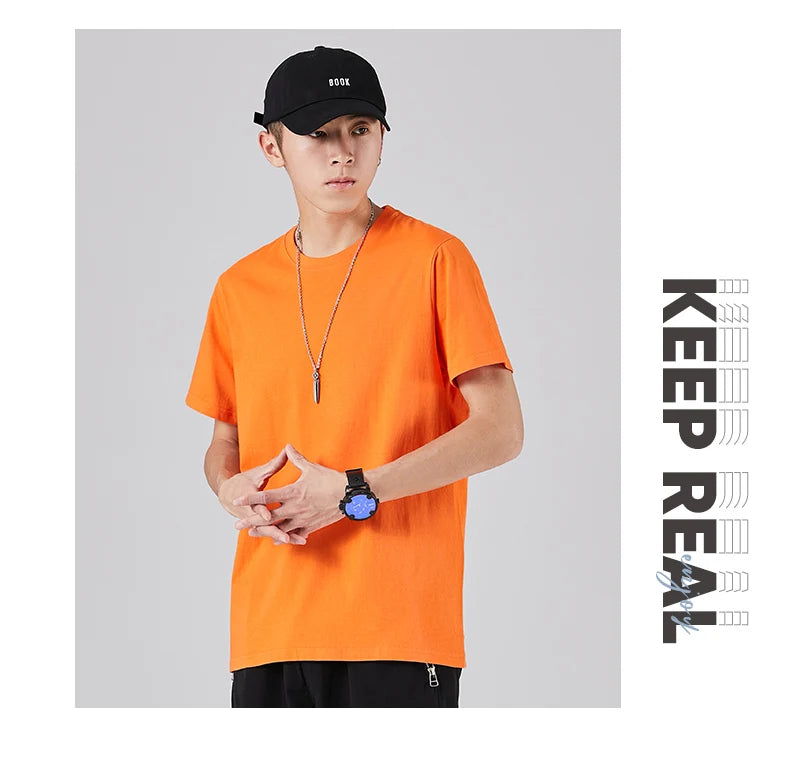 180g Solid Color 100% Cotton Men T Shirt Hip-Hop Cotton T-shirt O-neck Summer Male Causal Tshirts Fashion Loose Tees SD0021