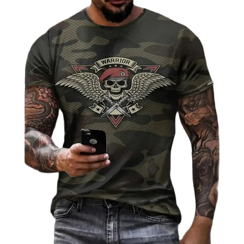 Summer Outdoor Men's T Shirt 3d Skull Warrior Camouflage Print Man Trendy Color Block Short Sleeve Tee Crew Neck T-Shirt Clothes