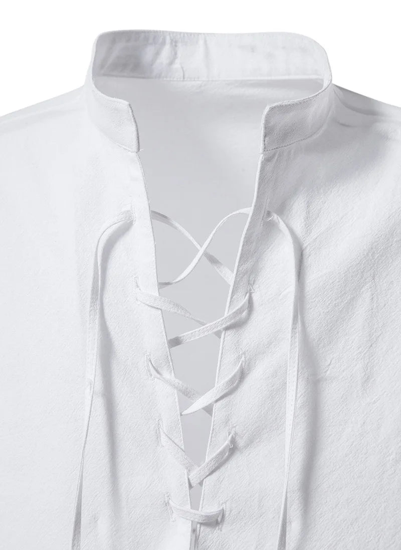 Men Cotton Linen Lace Up Long Sleeve Solid Blouse Shirts Summer Male Solid Loose Pullover Blouse Tops ARJ-A1776