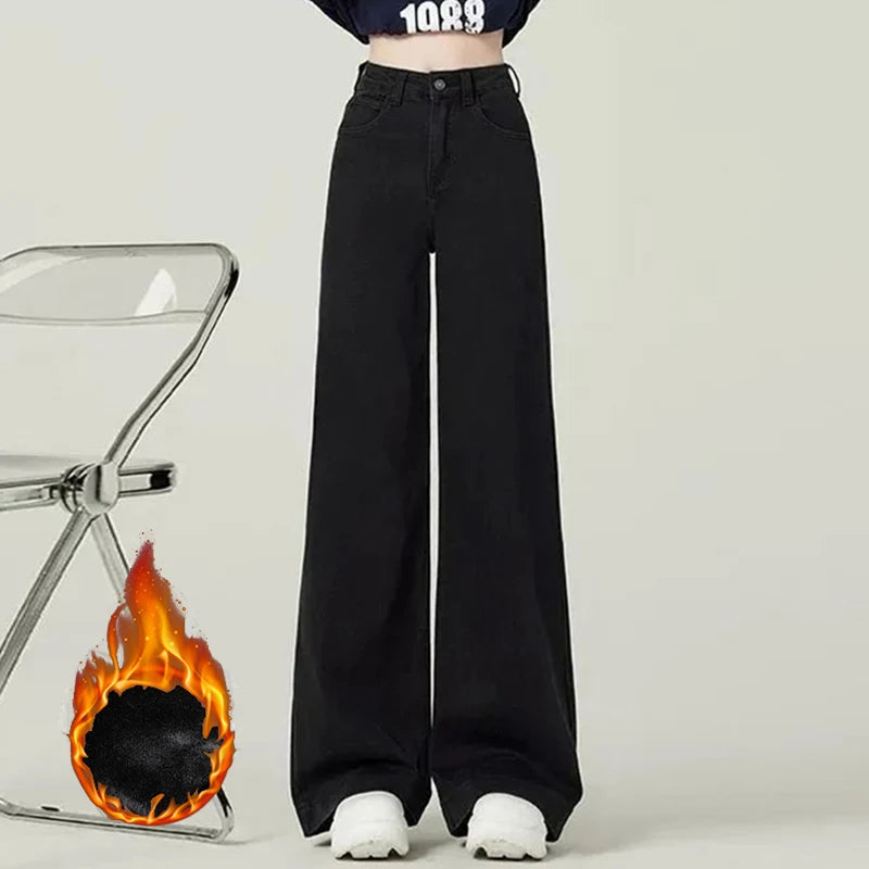 Winter Lady Classic High Waist Plush Jeans Female Snow Warm Solid Denim Trousers Women Korean Fleece Thermal Pants