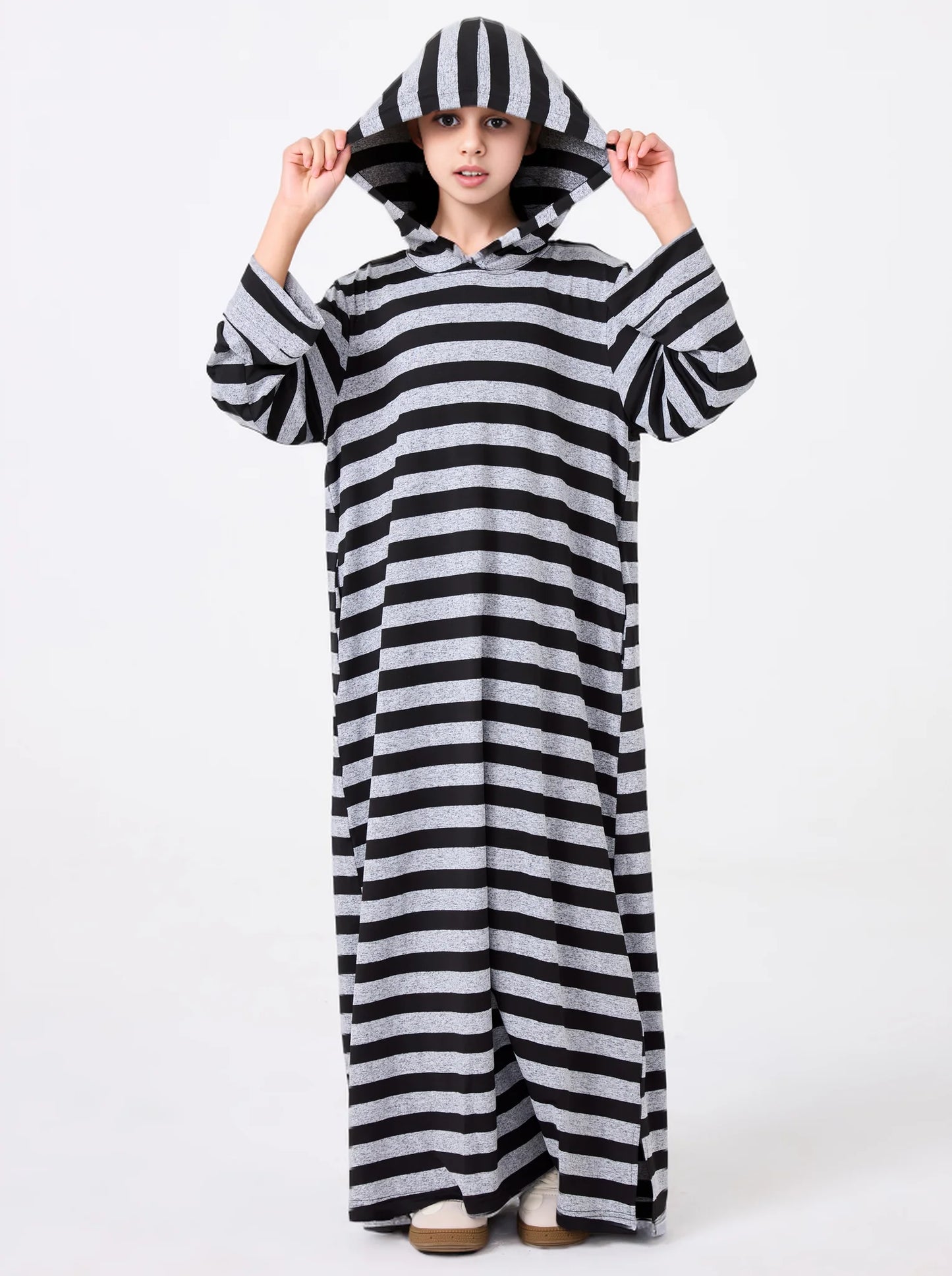 Middle Eastern Muslim Kids Abaya Girl Dress With Striped V-neck Hood