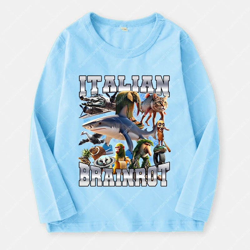 Italian Brainrot Long Sleeve T-shirt for Kids Funny Meme Children Autumn Tops Tung Tung Tung Sahur Tee Boy Girl Clothing Gifts