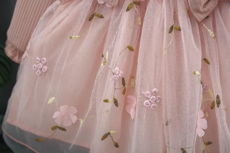 Winter New Girls' Dress Long Sleeve Puffed Sleeve Crew Neck Top Knitted Shirt Gauze Dress Flower Sweet Princess Dress