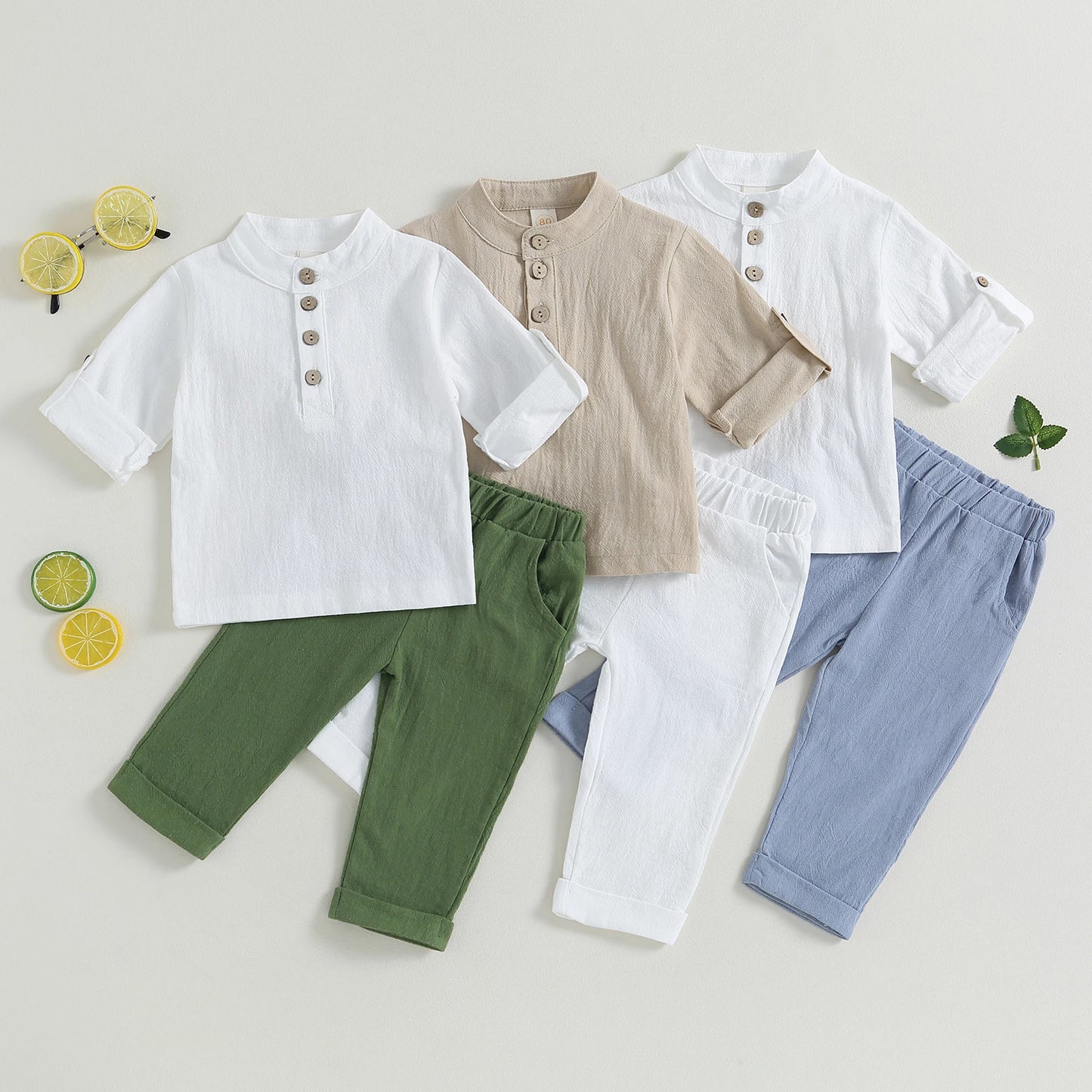 Pudcoco Kid Baby Boys Summer Outfits Solid Color Buttons Short Sleeve Shirts and Elastic Waist Long Pants 2Pcs Clothes Set 6M-4T