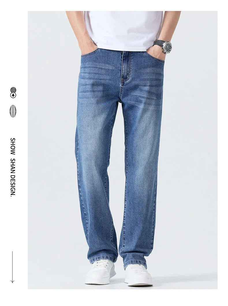 Summer Thin Straight Jeans Men's Clothing Soft Breathable Trousers Male Brand Comfortable Business Loose Denim Pants