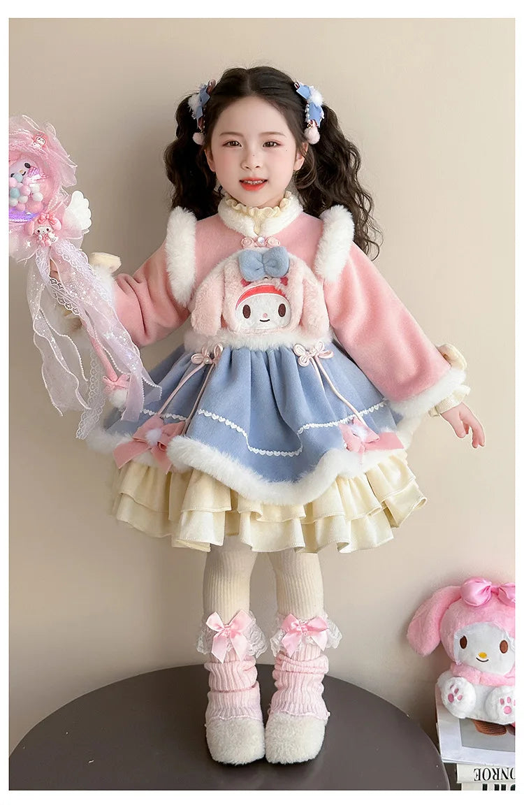 Anime My Melody Lolita Princess Dress Girl Bow Decoration Party Dress Ruffled Tutu Skirt Fleece-Lined Layered Dress Ball Gown