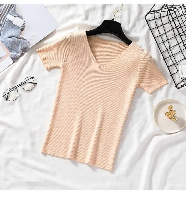 2026 Basic V-neck Solid Thin Summer Women Pullover Female Knitted Ribbed Sweater Slim Short Sleeve Bodycon Sweater