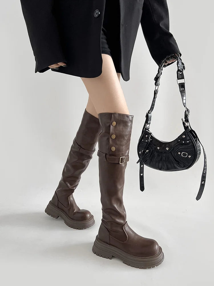 Over-the-Knee Boots2025Autumn and Winter New Retro British Style Chunky Heel Platform Boots Women's Tube Skinny Boots