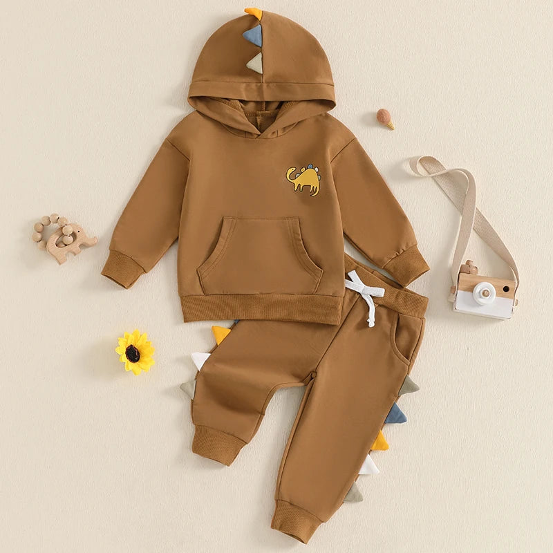 Baby Boy 2Pcs Fall Outfits Long Sleeve Dinosaur Print Pocket Hoodie Pants Set Toddler Clothes