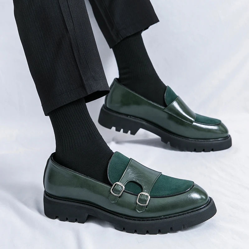 British Men's Shoes Trend Thick Soles High Height Loafers Green Outdoor Commuting Leather Casual Shoes for Men's Lightweight