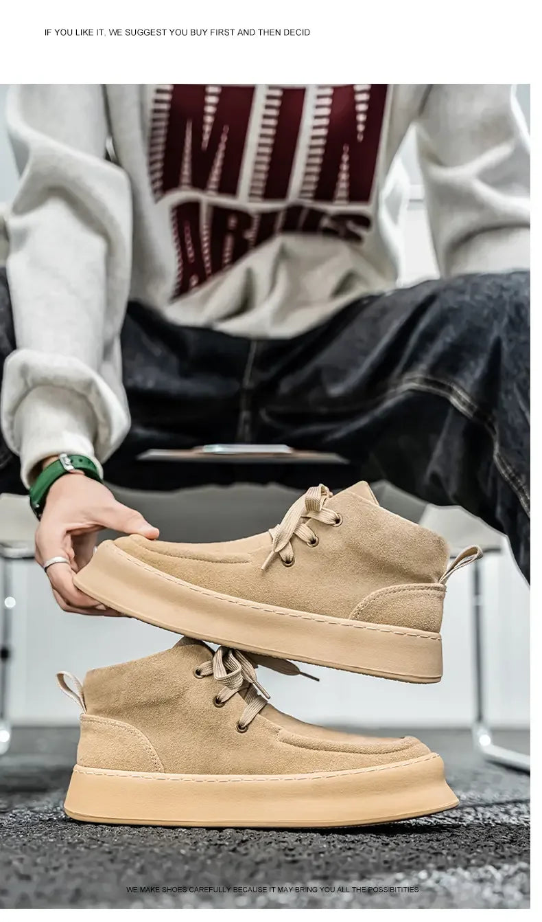 Men's High-top Boots in Solid Colors Flat Heels and Lace-up A Trendy Brand Design for The Four Seasons Fashion Walking Boots