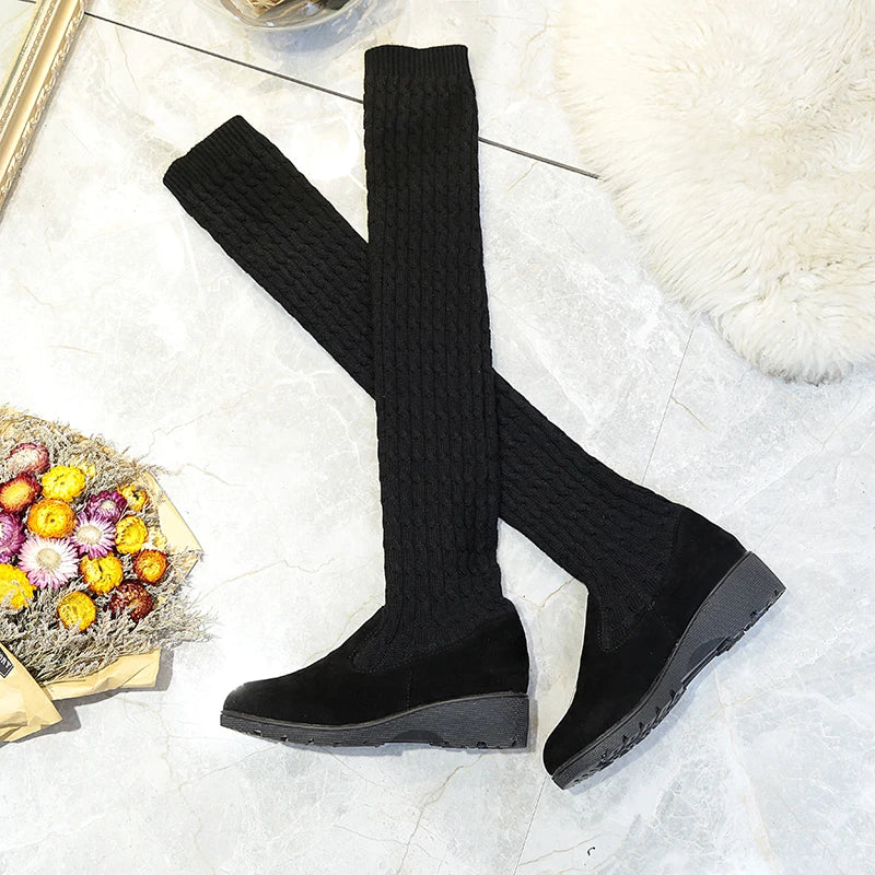 Women's Boots 2026 Autumn Winter High Heels Boots for Woman Shoes Knitting Wool Long Boot Women Brown/Black Boot Ladies Shoes
