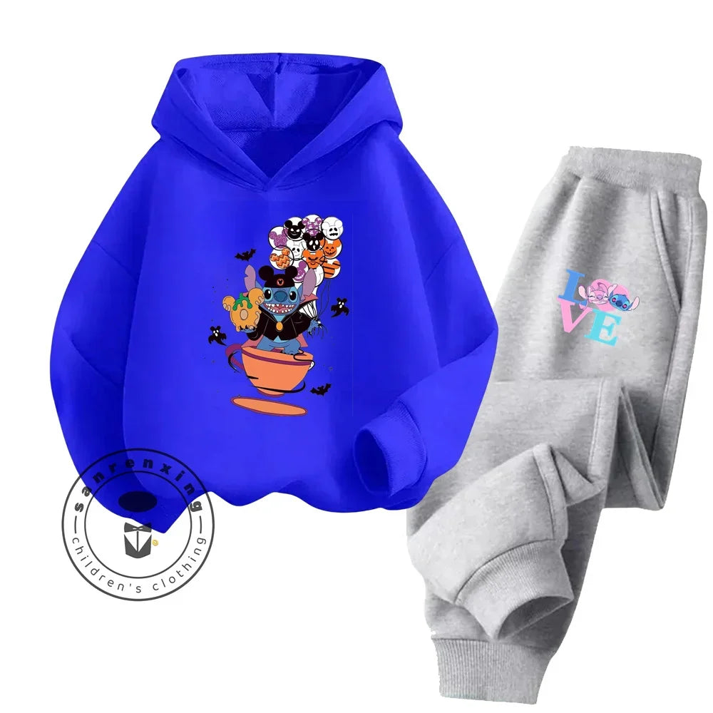 Cartoon Stitch Children Hooded Sweatshirt+Pants Two-piece Set Boy Girl Autumn Winter Daily Outdoor Vacation Warm Soft Sportswear