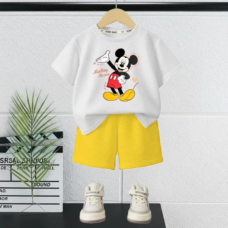 DISNEY Mickey Printed Summer Boys Casual Outfits Children Breathable T Shirt and Short Bottom Two Piece Set Kids Shorts Set New