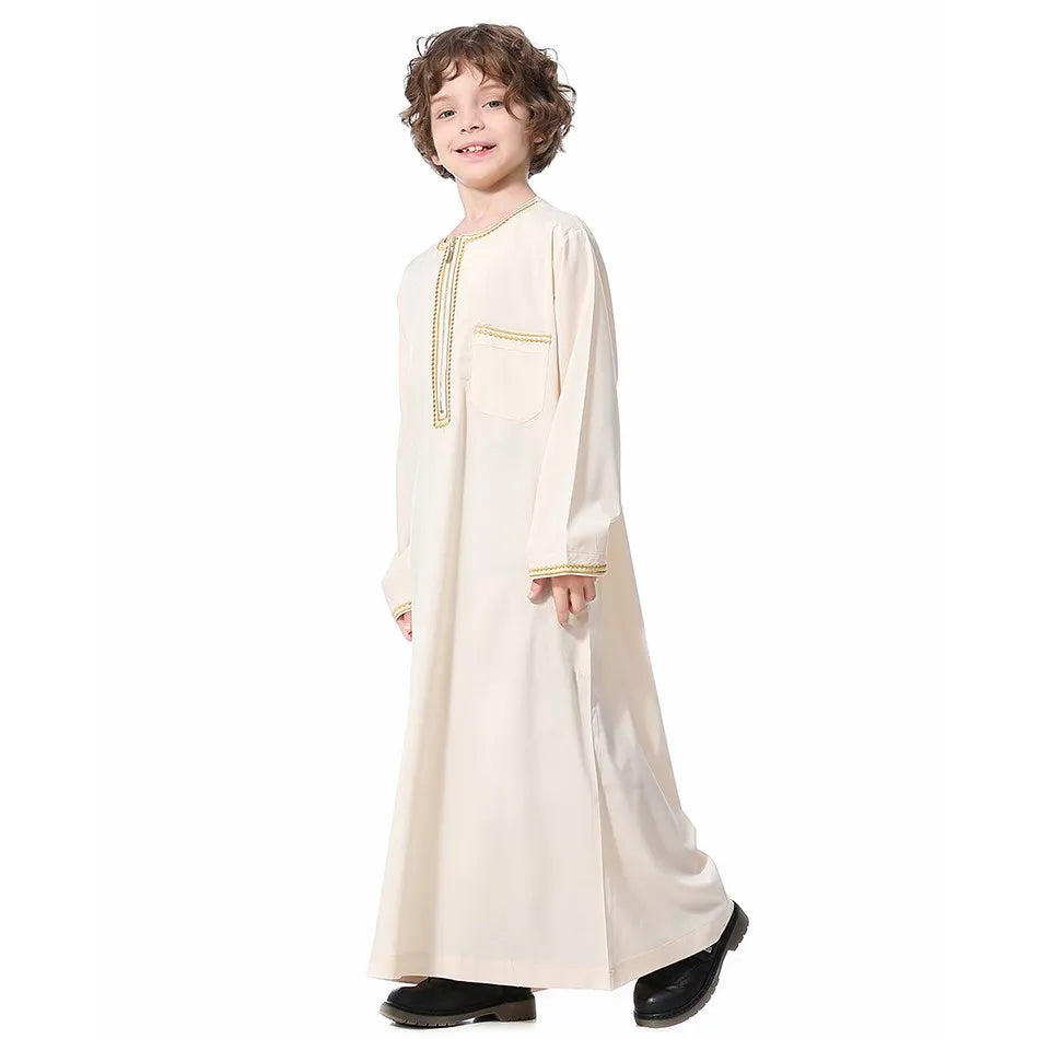 2025 New Children Thawb Teens Summer Muslim Robe Kids Arab Folk Clothes Boys Solid Color Thobe 5-14 Years National Outfit