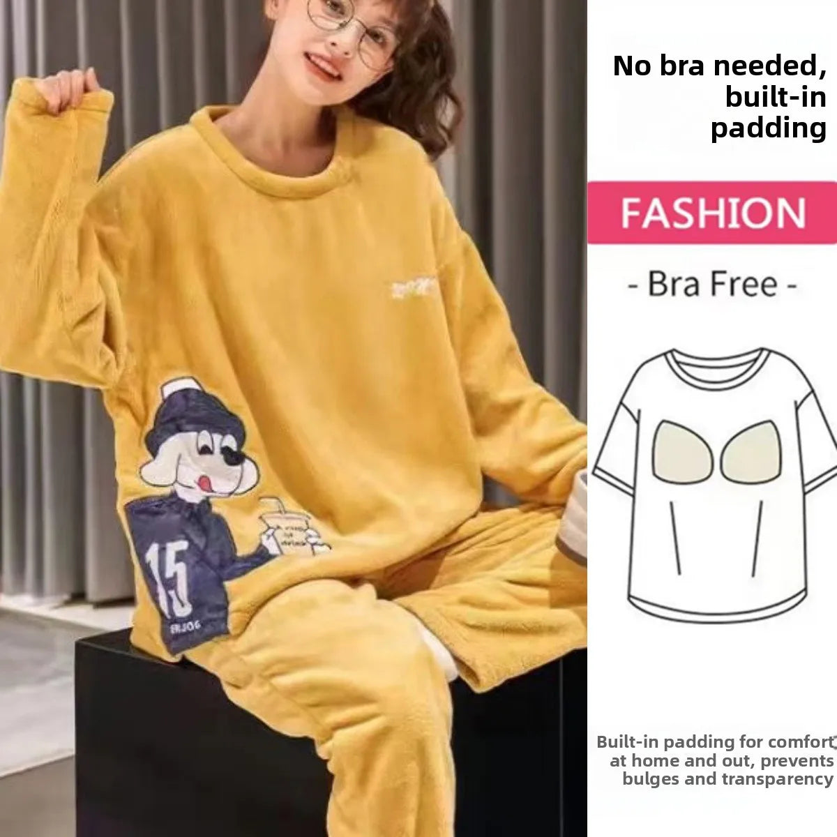 Thickened Long Sleeve Home Clothes Set with Chest Pad Winter Coral Fleece Korean Style Student Cute Large Size Home Clothes Set